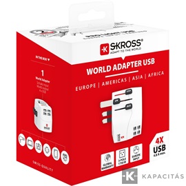 SKROSS PRO Light világutazó hálózati csatlakozó átalakító ,földelt, és USB töltő 4 A(standard) USB bemenettel