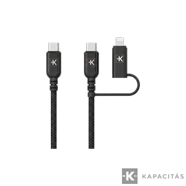 2 az 1-ben fonott töltő- és adatkábel – USB-C / Lightning adapterrel60W 150cm Fekete