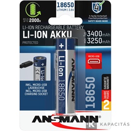 ANSMANN 18650 Li-ion 3400mAh védett akkumulátor USB töltéssel