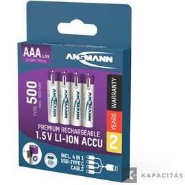 ANSMANN Li-Ion AAA akkumulátor 500mAh USB-C 4db/csomag