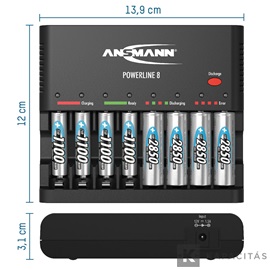 ANSMANN akkumulátortöltő 8xAA / AAA NiMH akku töltéséhez és kisütéséhez - 8-utas, USB, csepptöltés