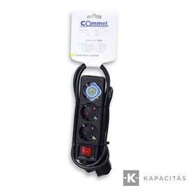 COMMEL Elosztó hosszabbító 3 aljzat kapcsolóval 1.4m 1.0mm 16A, fekete