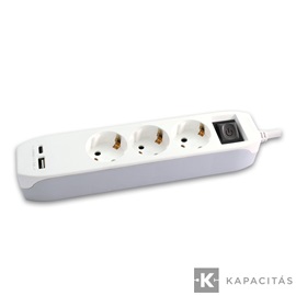 COMMEL Elosztó hosszabbító 3 aljzat kapcsolóval + USB A+C töltő, fehér-szürke | 1.5mm / 3m