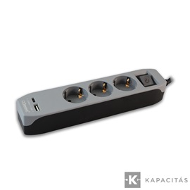 COMMEL Elosztó hosszabbító 3 aljzat kapcsolóval + USB A+C töltő, fekete-szürke | 1.5mm / 1.4m