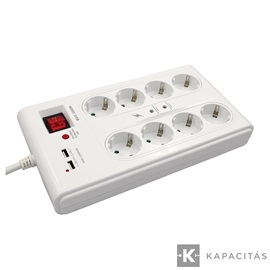 COMMEL Elosztó túlfeszültségvédelemmel 8 aljzat 16A 250V~ 3500W  + 2x USB töltő | H05VV-F 3G1.5 / 3m
