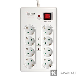COMMEL Elosztó túlfeszültségvédelemmel 8 aljzat 16A 250V~ 3500W  + 2x USB töltő | H05VV-F 3G1.5 / 3m