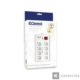 COMMEL Elosztó túlfeszültségvédelemmel 8 aljzat 16A 250V~ 3500W  + 2x USB töltő | H05VV-F 3G1.5 / 3m