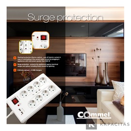 COMMEL Elosztó túlfeszültségvédelemmel 8 aljzat 16A 250V~ 3500W  + 2x USB töltő | H05VV-F 3G1.5 / 3m