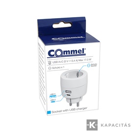 COMMEL Hálózati elosztó 16A +USB töltő A+C 3.4A 17W, fehér