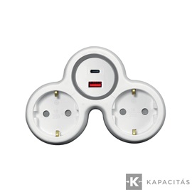 COMMEL Hálózati elosztó 2 aljzat 2x16A +USB töltő A+C (max. 20W), fehér-szürke