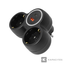 COMMEL Hálózati elosztó 2 aljzat 2x16A +USB töltő A+C (max. 20W), fekete
