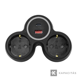 COMMEL Hálózati elosztó 2 aljzat 2x16A +USB töltő A+C (max. 20W), fekete