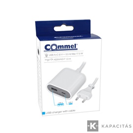 COMMEL USB töltő A+C hosszabbítóval 1.5m, 5V 3.4A 17.5W, fehér-szürke