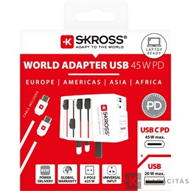 SKROSS MUV USB világutazó hálózati csatlakozó átalakító, PD (USB A, USB C), 45W + USB-C kábel