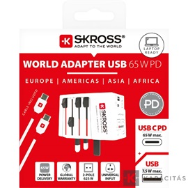 SKROSS MUV USB világutazó hálózati csatlakozó átalakító, PD (USB A, USB C), 65W + USB-C kábel