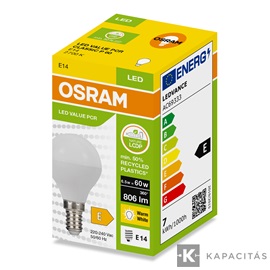 OSRAM LED PCR CLASSIC P kisgömb izzó 6.5W |60W| 2700K 806lm E14, meleg fehér