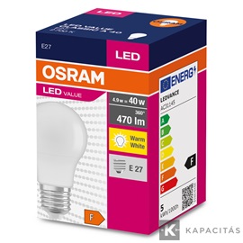 OSRAM LED VALUE CLASSIC A normál izzó 4.9W |40W| 2700K 470lm E27, meleg fehér