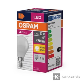 OSRAM LED VALUE CLASSIC P kisgömb izzó 4.9W |40W| 2700K 470lm E14, meleg fehér