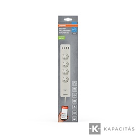 OSRAM Smart+ WIFI MULTIPOWER Hálózati elosztó 4 aljzat +2xUSB-A +2xUSB-C, 1.5m IP20, 16A, fehér