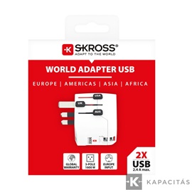 SKROSS PRO Light világutazó hálózati csatlakozó átalakító, földelt,  USB 2xA