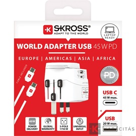 SKROSS PRO Light világutazó hálózati csatlakozó (USB-C,USB-A), PD, 45W + USB-C kábel