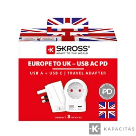 SKROSS Europe - UK Utazóadapter USB-C + USB-A (20W PD, Gyorstöltés, Fehér)