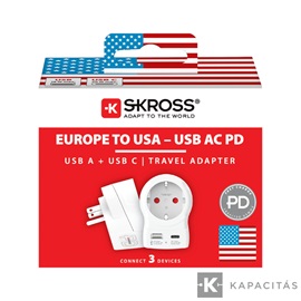 SKROSS Europe - USA Utazóadapter USB-C + USB-A (20W PD, gyorstöltés, Fehér)