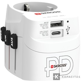 SKROSS PRO Light USB AC30PD, világutazó hálózati csatlakozó átalakító, földelt PD(gyorstöltés)