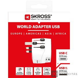 SKROSS PRO Light USB AC30PD, világutazó hálózati csatlakozó átalakító, földelt PD(gyorstöltés)
