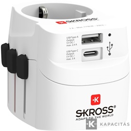 SKROSS PRO Light világutazó hálózati csatlakozó átalakító (földelt) és USB töltő 1A USB és 1C USB bemenettel