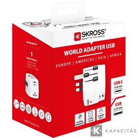 SKROSS PRO Light világutazó hálózati csatlakozó átalakító (földelt) és USB töltő 1A USB és 1C USB bemenettel