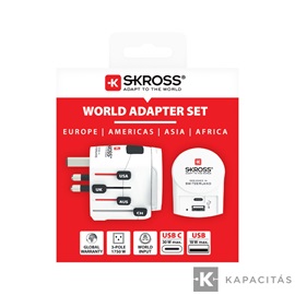 SKROSS PRO+ Világ utazóadapter USB-C + USB-A (30W PD, gyorstöltés, Fehér)