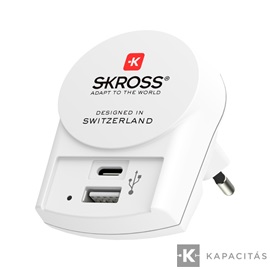 SKROSS PRO+ Világ utazóadapter USB-C + USB-A (30W PD, gyorstöltés, Fehér)
