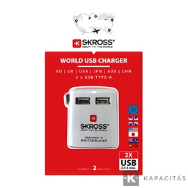 SKROSS WORLD USB töltő, utazó, 2xUSB-A (EU,UK,US,AU,CH,JP)