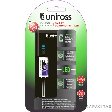 Uniross UCX006 kompakt USB-C/mikro LED töltő Li-ion/Ni-MH/LiFePo4 akkuk töltésére