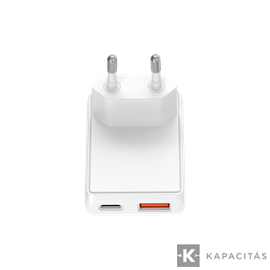 Ultravékony hálózati gyorstöltőr EU, USB-A USB-C, 90° EU plug, GaN 30W