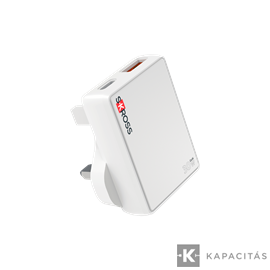 Ultravékony hálózati gyorstöltő UK, USB-A USB-C, 90° UK plug, GaN 30W