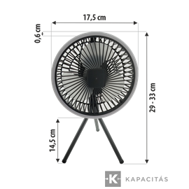 TUNGSRAM Ventilátor és lámpa | asztali vagy függő 3x sebesség USB-C tölthető 17.5x33cm IP20, antracit