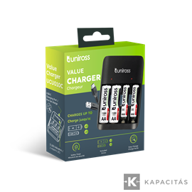 Uniross UCU010 Ni-Mh töltőszett / USB-C + 2x1300mAh AA, 2x600mAh AAA