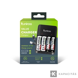 Uniross UCU010 Ni-Mh töltőszett / USB-C + 2x1300mAh AA, 2x600mAh AAA
