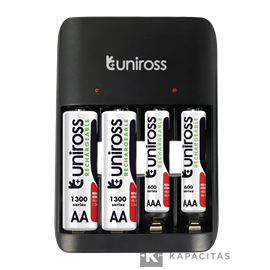 Uniross UCU010 Ni-Mh töltőszett / USB-C + 2x1300mAh AA, 2x600mAh AAA