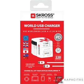 SKROSS World USB világutazó átalakító adapter, PD, (USB-C,USB-A) 45W, + USB-C kábel