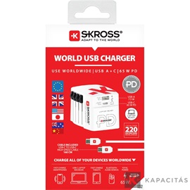 SKROSS World USB világutazó átalakító adapter, PD, (USB-C,USB-A) 65W, + USB-C kábel
