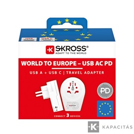 SKROSS World - Europe Világ utazóadapter USB-C + USB-A (20W PD, gyorstöltés, Fehér)