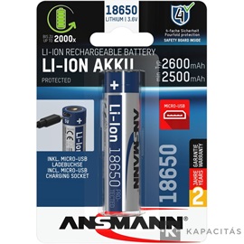 ANSMANN 18650 Li-ion 2600mAh védett akkumulátor USB töltéssel