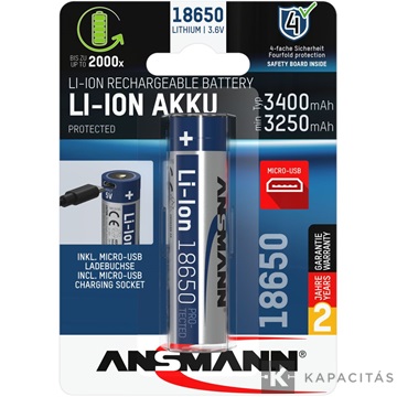 ANSMANN 18650 Li-ion 3400mAh védett akkumulátor USB töltéssel