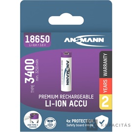 ANSMANN 18650 Li-ion 3400mAh védett akkumulátor USB töltéssel