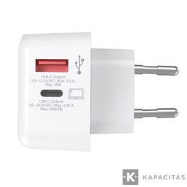 SKROSS USB gyorstöltő (USB-C,USB-A) 45W, PD, + 1,6m USB-C kábel, GaN