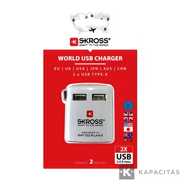 SKROSS WORLD USB töltő, utazó, 2xUSB-A (EU,UK,US,AU,CH,JP)